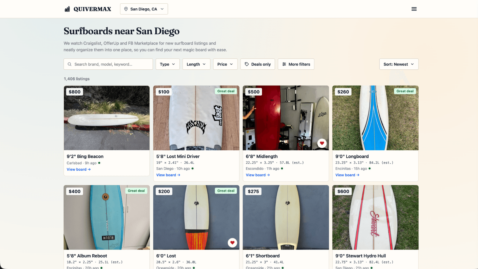 Browsing used surfboards near San Diego on QuiverMax